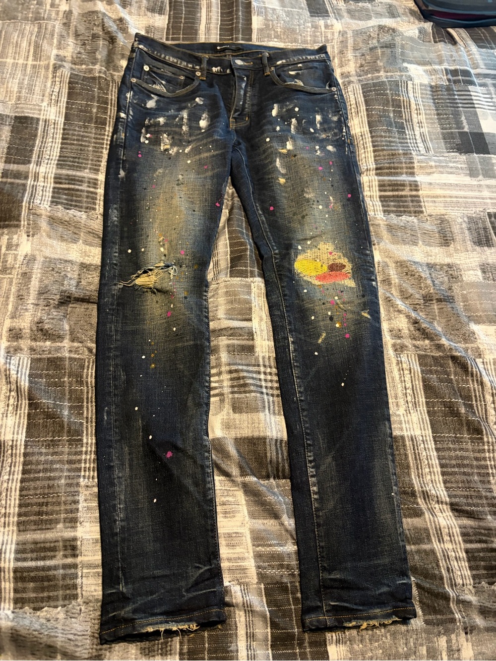 Men's Dark Wash Purple Brand Distressed Paint-Splatter Jeans 32x32